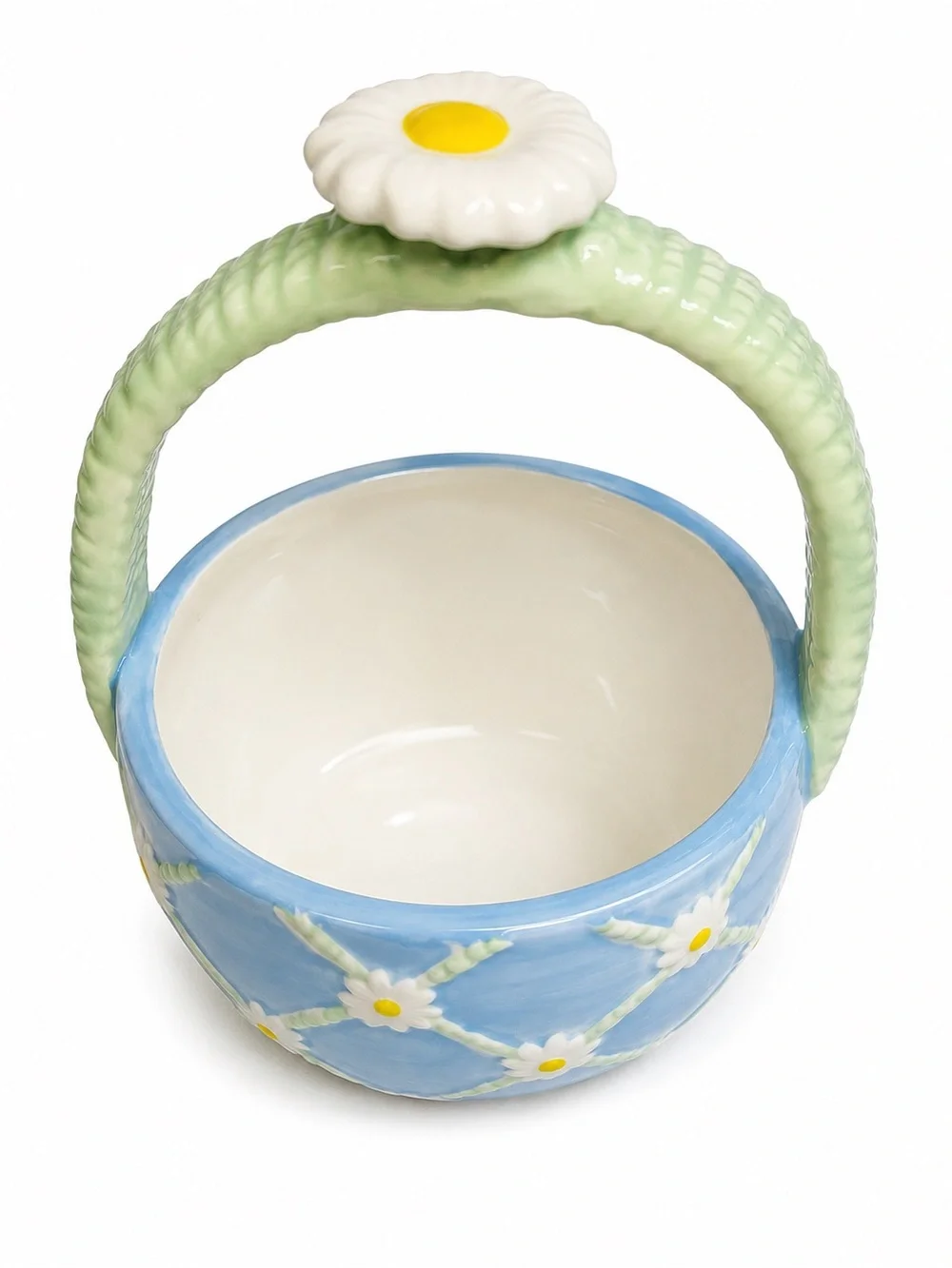 Vintage Daisy Ceramic Basket Vase - Blue and Green